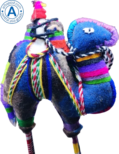 Zhibek Zholy camel with human made of felt, blue with black-orange-red stripes photo 3