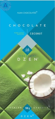 Alma Chocolates white chocolate bar, matcha tea and coconut, 100 g