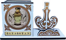 Altyn Adam figure made of wood, coat of arms and flask, white