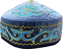 Altyn Adam cap made of velvet, short, dark blue with yellow-blue pattern