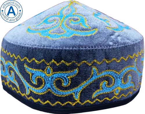 Altyn Adam cap made of velvet, short, dark blue with yellow-blue pattern
