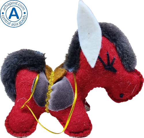 Zhibek Zholy donkey made of felt, red with brown saddle