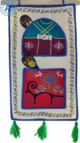 Altyn Adam picture made of felt, triple, dark red yurt-orange man on red background photo 2