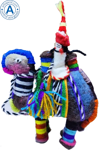 Zhibek Zholy camel with human made of felt, blue-violet with black-white stripes photo 2