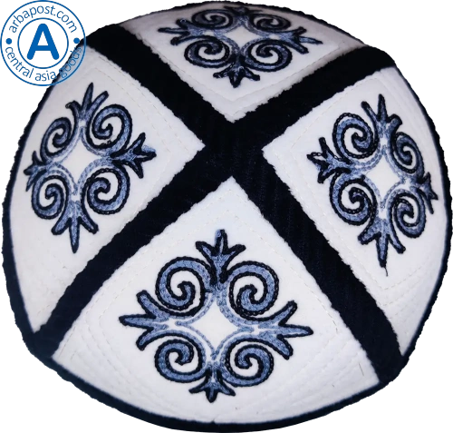 Altyn Adam cap made of velours, short, white with dark blue tortkulak pattern photo 2