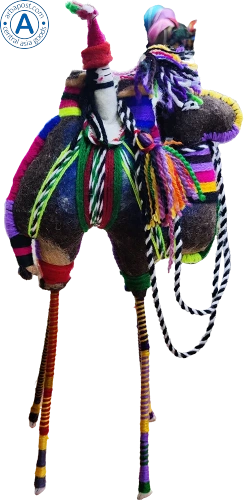 Zhibek Zholy camel with human made of felt, blue with violet-black-orange stripes photo 2
