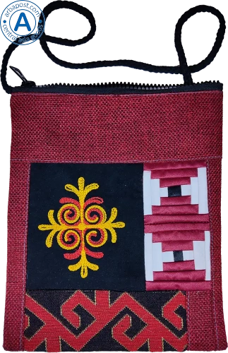 Altyn Adam bag made of combined fabric, red with red-yellow tortkulak pattern