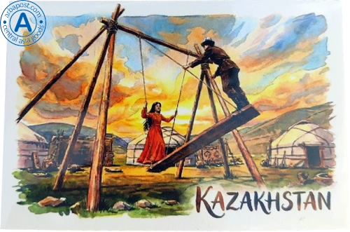 Zhanyl postcard, Kazakhstan, swings