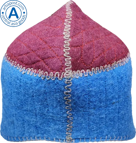 Altyn Adam cap made of felt, long, red top-blue bottom with orange-green pattern photo 2