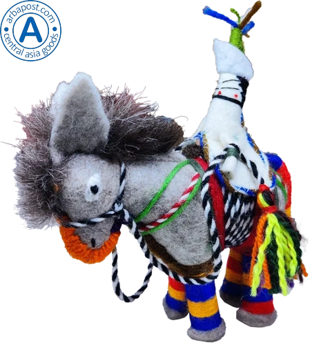 Zhibek Zholy donkey with human made of felt, grey with red-orange-blue stripes photo 3 Zhibek Zholy donkey with human made of felt, grey with red-orange-blue stripes photo 3
