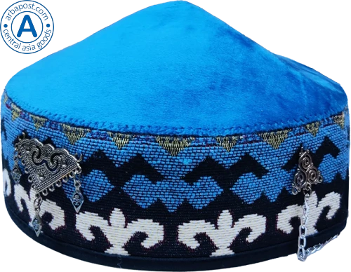 Altyn Adam cap made of velvet, short, blue with triangular metal pattern photo 3