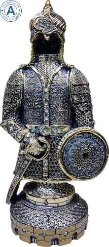 Altyn Adam figure made of metal, man with shield and sword