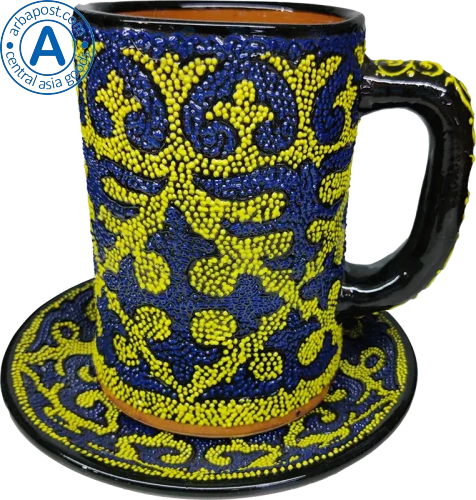 Altyn Adam mug and saucer made of ceramic, blue-yellow