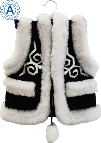 Altyn Adam children's vest made of suede and fur, brown with white pattern on top