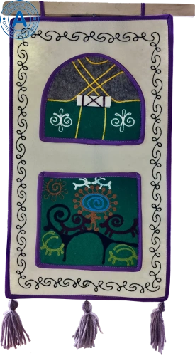 Altyn Adam picture made of felt, triple, green yurt-orange man on green background