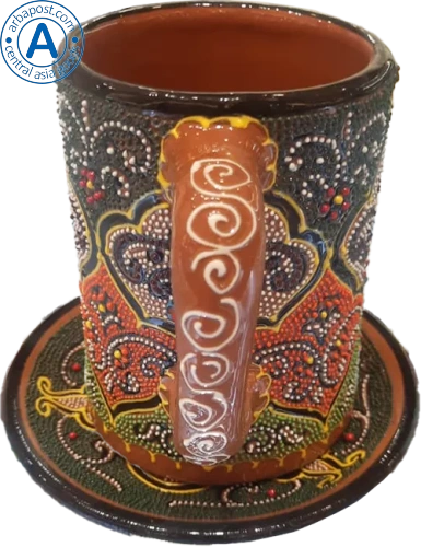 Altyn Adam mug and saucer made of ceramic, green-red-brown photo 2