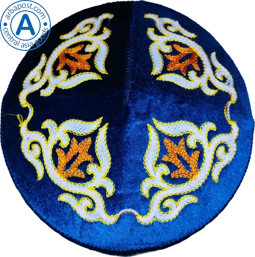 Altyn Adam cap made of velvet, short, blue with white-orange-yellow pattern photo 2