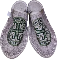 Altyn Adam slippers made of wool, round end, grey with green pattern