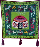Altyn Adam picture made of felt, yurt on green background
