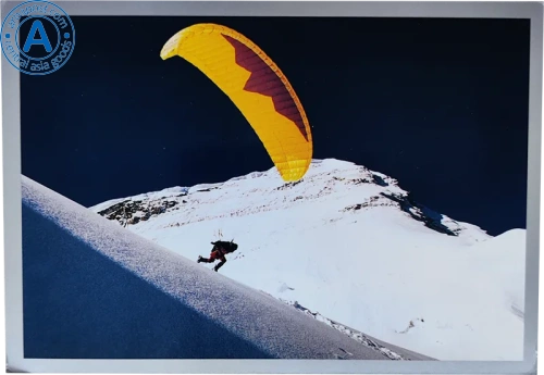 Altyn Adam postcard, Kazakhstan nature, parachutist and mountains