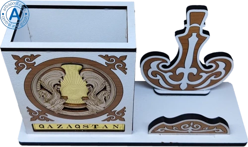 Altyn Adam figure made of wood, coat of arms and flask, white photo 2