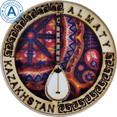 Altyn Adam magnet, Almaty, round, wood, dombra