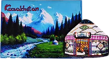 Altyn Adam magnet, Kazakhstan nature, mountain river and yurt