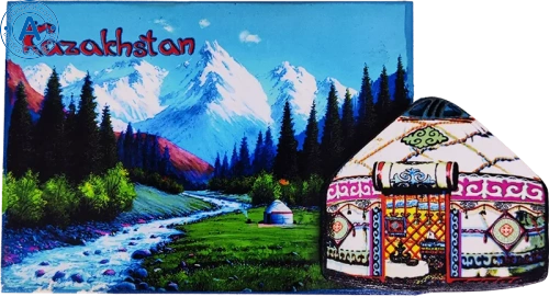 Altyn Adam magnet, Kazakhstan nature, mountain river and yurt