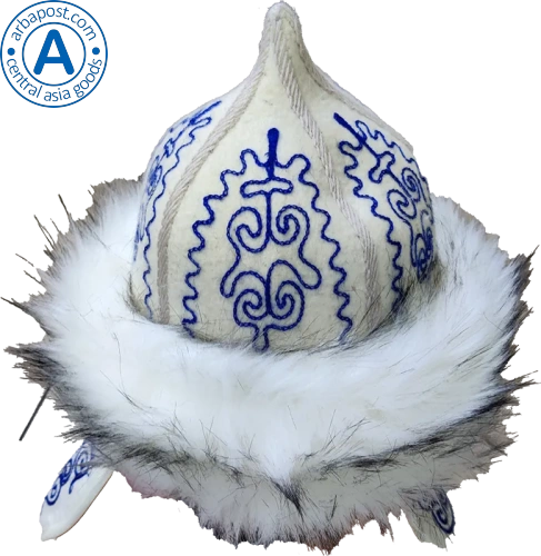 Altyn Adam cap made of felt and fur, white with blue pattern photo 2
