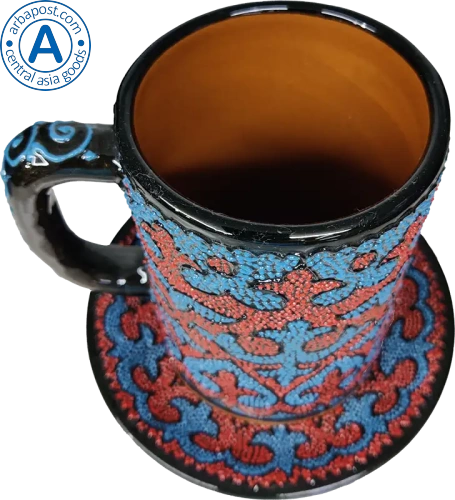 Altyn Adam mug and saucer made of ceramic, red-blue photo 3