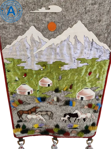 Altyn Adam picture made of felt, silver mountains-horses photo 2