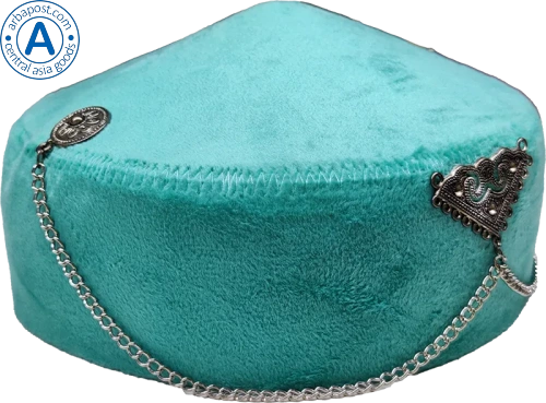 Altyn Adam cap made of velvet, short, green with triangular metal pattern photo 2