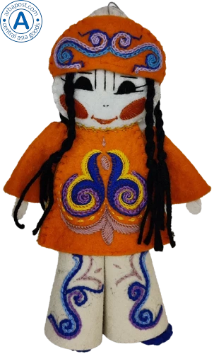 Altyn Adam doll of girl, hanging, orange-white