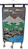Altyn Adam picture made of felt, silver mountains-horses-rams on green grass