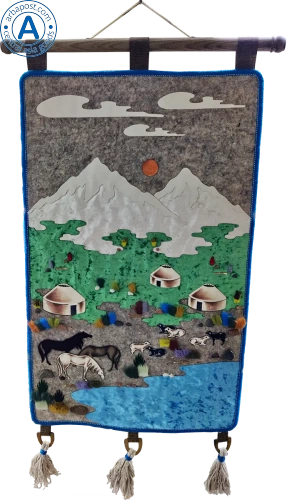 Altyn Adam picture made of felt, silver mountains-horses-rams on green grass