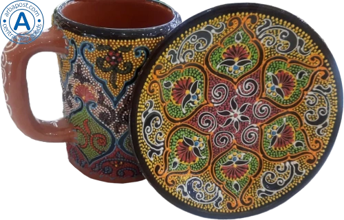 Altyn Adam mug and saucer made of ceramic, yellow-green-red