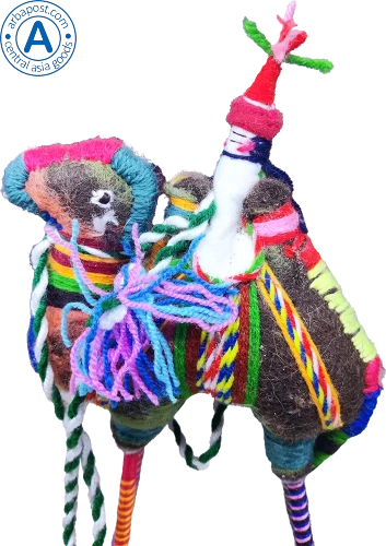 Zhibek Zholy camel with human made of felt, brown with red-yellow-green stripes photo 3