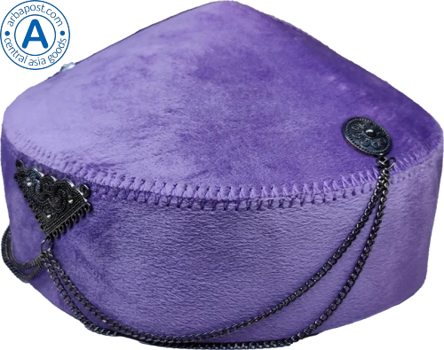Altyn Adam cap made of velvet, short, violet with triangular metal pattern
