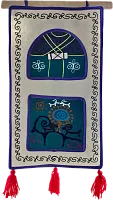 Altyn Adam picture made of felt, triple, blue yurt-orange man on blue background