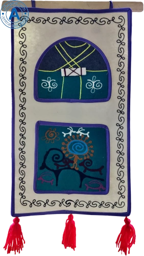 Altyn Adam picture made of felt, triple, blue yurt-orange man on blue background