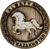 Altyn Adam magnet, Almaty, round, wood, horse