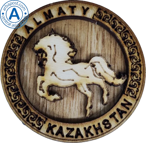 Altyn Adam magnet, Almaty, round, wood, horse
