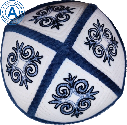 Altyn Adam cap made of velours, short, white with blue tortkulak pattern photo 2
