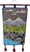 Altyn Adam picture made of felt, silver mountains-horses-rams on light green grass