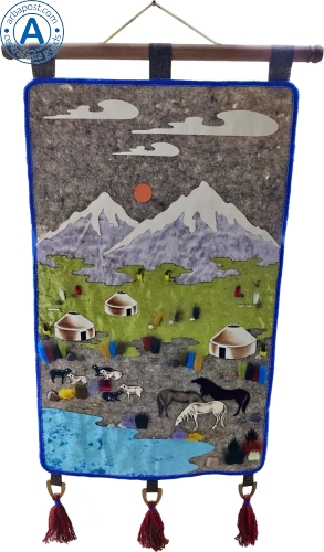 Altyn Adam picture made of felt, silver mountains-horses-rams on light green grass