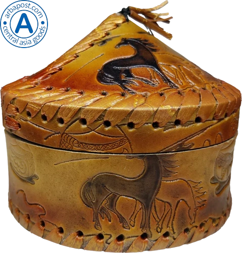 Altyn Adam storage box made of leather, round, brown with pattern photo 2