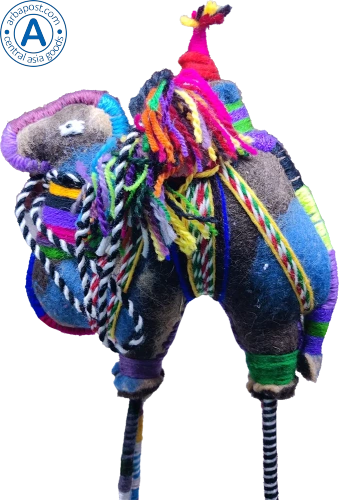 Zhibek Zholy camel with human made of felt, blue with black-orange-red stripes photo 4