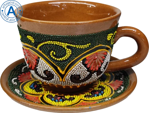 Altyn Adam cup and saucer made of ceramic, green-yellow-white photo 2