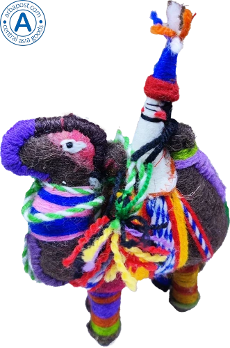 Zhibek Zholy camel with human made of felt, green-red with yellow-blue stripes photo 3