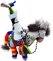 Zhibek Zholy donkey with human made of felt, grey with red-orange-blue stripes